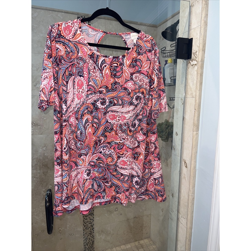 Chico's Jersey Tee Short Sleeve Paisley Print Cutout Back Top Pink Orange Size 3